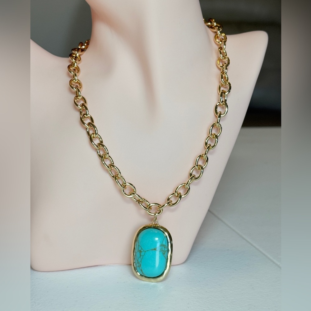 Gold Chain Necklace with Turquoise Pendant - Picture 4 of 10